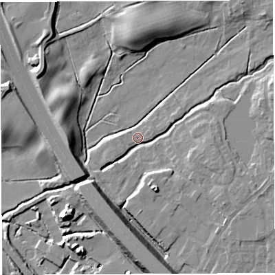 Shaded relief map of the ground around BL65HL, computed from Environment Agency LiDAR. The ground here sits at about 103 m above sea level and falls 15 m across the surrounding 800 m. Surface water reaching this point runs off ground lying to the east-north-east, 7.6 m higher.