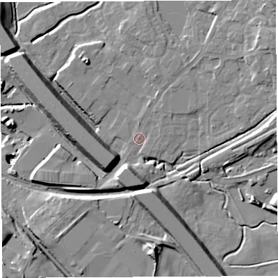 Shaded relief map of the ground around BL65HZ, computed from Environment Agency LiDAR. The ground here sits at about 105 m above sea level and falls 25 m across the surrounding 800 m. Surface water reaching this point runs off ground lying to the north-east, 10.5 m higher.