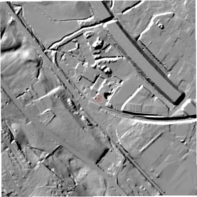 Shaded relief map of the ground around BL65JA, computed from Environment Agency LiDAR. The ground here sits at about 103 m above sea level and falls 56 m across the surrounding 800 m. Surface water reaching this point runs off ground lying to the east, 9.5 m higher.