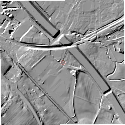 Shaded relief map of the ground around BL65JB, computed from Environment Agency LiDAR. The ground here sits at about 108 m above sea level and falls 48 m across the surrounding 800 m. Surface water reaching this point runs off ground lying to the west-north-west, 2.1 m higher.