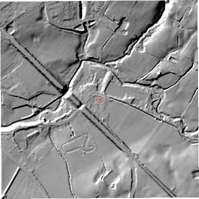 Shaded relief map of the ground around BL65LH, computed from Environment Agency LiDAR. The ground here sits at about 93 m above sea level and falls 31 m across the surrounding 800 m. Surface water reaching this point runs off ground lying to the east, 1.2 m higher.