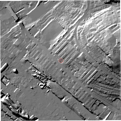 Shaded relief map of the ground around BL65NN, computed from Environment Agency LiDAR. The ground here sits at about 132 m above sea level and falls 55 m across the surrounding 800 m. Surface water reaching this point runs off ground lying to the east, 29.8 m higher.