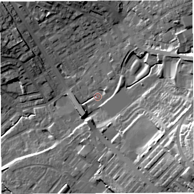 Shaded relief map of the ground around BL65PX, computed from Environment Agency LiDAR. The ground here sits at about 121 m above sea level and falls 35 m across the surrounding 800 m. Surface water reaching this point runs off ground lying to the east-north-east, 4.1 m higher.