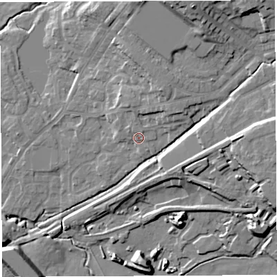 Shaded relief map of the ground around BL65QB, computed from Environment Agency LiDAR. The ground here sits at about 110 m above sea level and falls 23 m across the surrounding 800 m. Surface water reaching this point runs off ground lying to the north-north-east, 5.7 m higher.