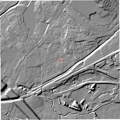 Shaded relief map of the ground around BL65QD, computed from Environment Agency LiDAR. The ground here sits at about 107 m above sea level and falls 21 m across the surrounding 800 m. Surface water reaching this point runs off ground lying to the north-east, 4.1 m higher.
