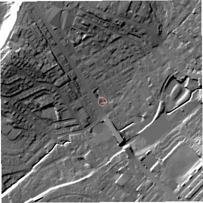 Shaded relief map of the ground around BL65QE, computed from Environment Agency LiDAR. The ground here sits at about 120 m above sea level and falls 27 m across the surrounding 800 m. Surface water reaching this point runs off ground lying to the north-north-west, 15.2 m higher.