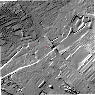 Shaded relief map of the ground around BL65QH, computed from Environment Agency LiDAR. The ground here sits at about 120 m above sea level and falls 31 m across the surrounding 800 m. Surface water reaching this point runs off ground lying to the east, 6.1 m higher.