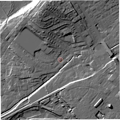 Shaded relief map of the ground around BL65RB, computed from Environment Agency LiDAR. The ground here sits at about 114 m above sea level and falls 32 m across the surrounding 800 m. Surface water reaching this point runs off ground lying to the north, 23.4 m higher.