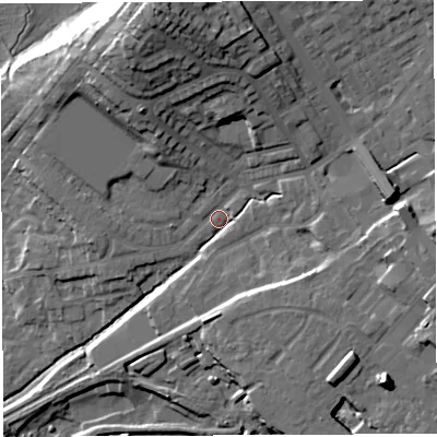 Shaded relief map of the ground around BL65RD, computed from Environment Agency LiDAR. The ground here sits at about 114 m above sea level and falls 32 m across the surrounding 800 m. Surface water reaching this point runs off ground lying to the north-north-west, 23.3 m higher.