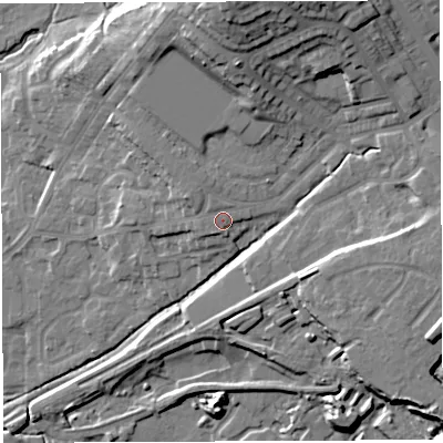 Shaded relief map of the ground around BL65RQ, computed from Environment Agency LiDAR. The ground here sits at about 114 m above sea level and falls 29 m across the surrounding 800 m. Surface water reaching this point runs off ground lying to the south-west, 2.0 m higher.