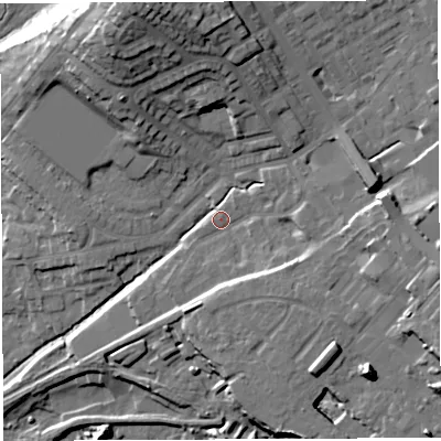 Shaded relief map of the ground around BL65SJ, computed from Environment Agency LiDAR. The ground here sits at about 116 m above sea level and falls 31 m across the surrounding 800 m. Surface water reaching this point runs off ground lying to the east, 11.2 m higher.