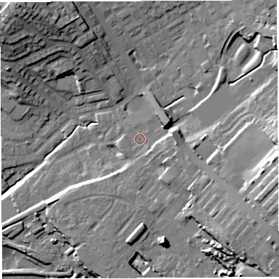 Shaded relief map of the ground around BL65TT, computed from Environment Agency LiDAR. The ground here sits at about 119 m above sea level and falls 29 m across the surrounding 800 m. Surface water reaching this point runs off ground lying to the east, 17.0 m higher.