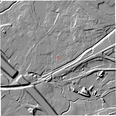 Shaded relief map of the ground around BL65UG, computed from Environment Agency LiDAR. The ground here sits at about 106 m above sea level and falls 17 m across the surrounding 800 m. Surface water reaching this point runs off ground lying to the north-east, 6.7 m higher.