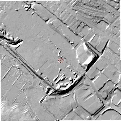 Shaded relief map of the ground around BL65XX, computed from Environment Agency LiDAR. The ground here sits at about 121 m above sea level and falls 45 m across the surrounding 800 m. Surface water reaching this point runs off ground lying to the south-south-east, 8.2 m higher.