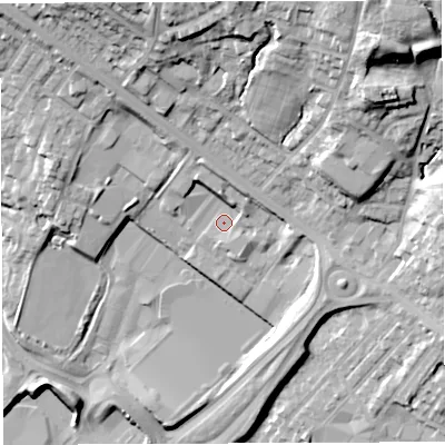 Shaded relief map of the ground around BL66HG, computed from Environment Agency LiDAR. The ground here sits at about 123 m above sea level and falls 39 m across the surrounding 800 m. Surface water reaching this point runs off ground lying to the north, 5.3 m higher.
