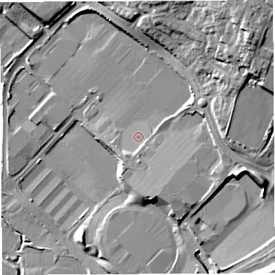 Shaded relief map of the ground around BL66JA, computed from Environment Agency LiDAR. The ground here sits at about 112 m above sea level and falls 24 m across the surrounding 800 m. Surface water reaching this point runs off ground lying to the east-south-east, 8.0 m higher.