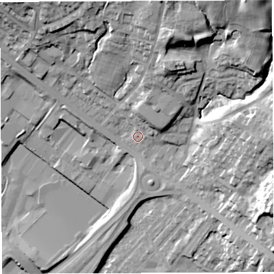 Shaded relief map of the ground around BL66JE, computed from Environment Agency LiDAR. The ground here sits at about 128 m above sea level and falls 45 m across the surrounding 800 m. Surface water reaching this point runs off ground lying to the north-east, 8.6 m higher.