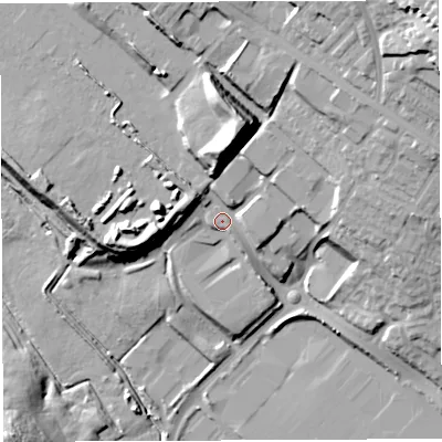 Shaded relief map of the ground around BL66JL, computed from Environment Agency LiDAR. The ground here sits at about 118 m above sea level and falls 43 m across the surrounding 800 m. Surface water reaching this point runs off ground lying to the east-north-east, 9.7 m higher.