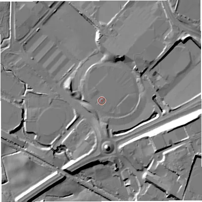 Shaded relief map of the ground around BL66JW, computed from Environment Agency LiDAR. The ground here sits at about 110 m above sea level and falls 21 m across the surrounding 800 m. The ground contributing surface water to this point lies to the north-east.