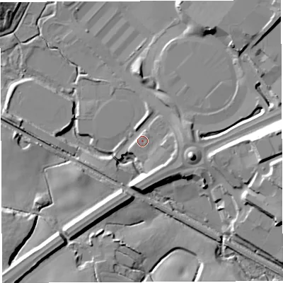 Shaded relief map of the ground around BL66LB, computed from Environment Agency LiDAR. The ground here sits at about 109 m above sea level and falls 18 m across the surrounding 800 m. Surface water reaching this point runs off ground lying to the south-east, 5.4 m higher.