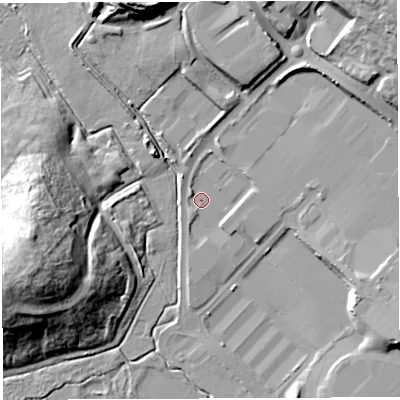 Shaded relief map of the ground around BL66PE, computed from Environment Agency LiDAR. The ground here sits at about 107 m above sea level and falls 30 m across the surrounding 800 m. Surface water reaching this point runs off ground lying to the north-west, 1.9 m higher.