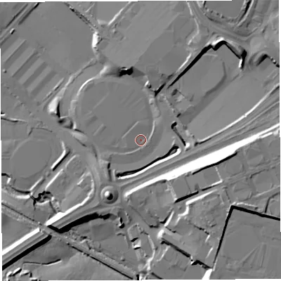 Shaded relief map of the ground around BL66SF, computed from Environment Agency LiDAR. The ground here sits at about 110 m above sea level and falls 21 m across the surrounding 800 m. Surface water reaching this point runs off ground lying to the north-east, 13.7 m higher.