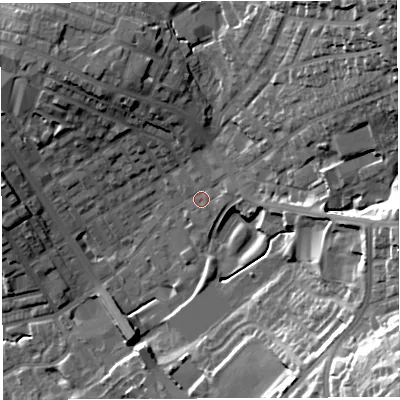 Shaded relief map of the ground around BL67AA, computed from Environment Agency LiDAR. The ground here sits at about 125 m above sea level and falls 43 m across the surrounding 800 m. Surface water reaching this point runs off ground lying to the east, 4.2 m higher.