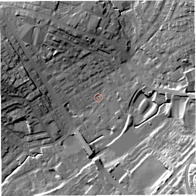 Shaded relief map of the ground around BL67AB, computed from Environment Agency LiDAR. The ground here sits at about 122 m above sea level and falls 33 m across the surrounding 800 m. Surface water reaching this point runs off ground lying to the north-east, 23.9 m higher.