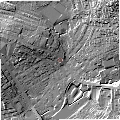Shaded relief map of the ground around BL67AE, computed from Environment Agency LiDAR. The ground here sits at about 128 m above sea level and falls 58 m across the surrounding 800 m. Surface water reaching this point runs off ground lying to the north-west, 7.3 m higher.