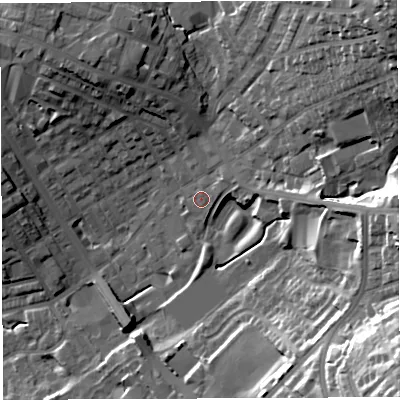 Shaded relief map of the ground around BL67AH, computed from Environment Agency LiDAR. The ground here sits at about 125 m above sea level and falls 41 m across the surrounding 800 m. Surface water reaching this point runs off ground lying to the north-east, 3.1 m higher.