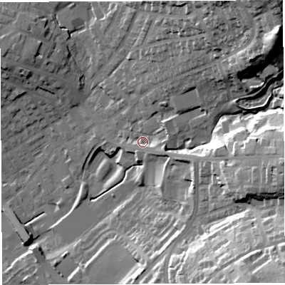 Shaded relief map of the ground around BL67BD, computed from Environment Agency LiDAR. The ground here sits at about 130 m above sea level and falls 48 m across the surrounding 800 m. Surface water reaching this point runs off ground lying to the north-east, 37.2 m higher.