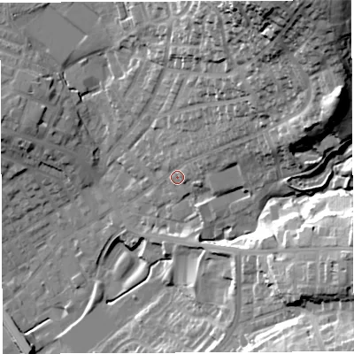 Shaded relief map of the ground around BL67BL, computed from Environment Agency LiDAR. The ground here sits at about 133 m above sea level and falls 55 m across the surrounding 800 m. Surface water reaching this point runs off ground lying to the north-east, 17.5 m higher.