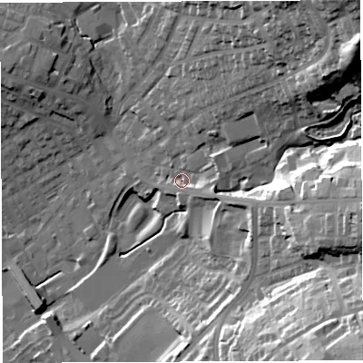 Shaded relief map of the ground around BL67BR, computed from Environment Agency LiDAR. The ground here sits at about 129 m above sea level and falls 48 m across the surrounding 800 m. Surface water reaching this point runs off ground lying to the north-east, 34.4 m higher.