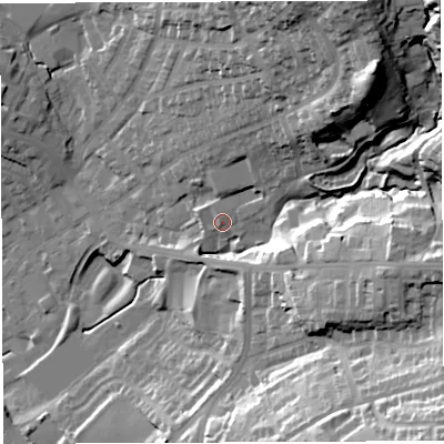 Shaded relief map of the ground around BL67BT, computed from Environment Agency LiDAR. The ground here sits at about 134 m above sea level and falls 53 m across the surrounding 800 m. Surface water reaching this point runs off ground lying to the north-east, 36.4 m higher.