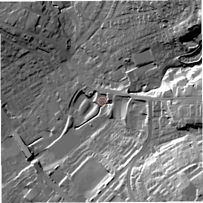 Shaded relief map of the ground around BL67BX, computed from Environment Agency LiDAR. The ground here sits at about 128 m above sea level and falls 45 m across the surrounding 800 m. Surface water reaching this point runs off ground lying to the east-north-east, 9.8 m higher.