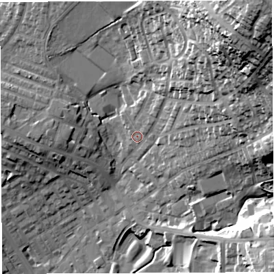 Shaded relief map of the ground around BL67BZ, computed from Environment Agency LiDAR. The ground here sits at about 131 m above sea level and falls 62 m across the surrounding 800 m. Surface water reaching this point runs off ground lying to the north-east, 24.5 m higher.