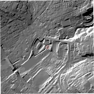 Shaded relief map of the ground around BL67FL, computed from Environment Agency LiDAR. The ground here sits at about 127 m above sea level and falls 45 m across the surrounding 800 m. Surface water reaching this point runs off ground lying to the east-north-east, 10.8 m higher.