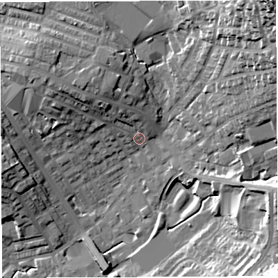 Shaded relief map of the ground around BL67HU, computed from Environment Agency LiDAR. The ground here sits at about 126 m above sea level and falls 50 m across the surrounding 800 m. Surface water reaching this point runs off ground lying to the north-west, 6.8 m higher.