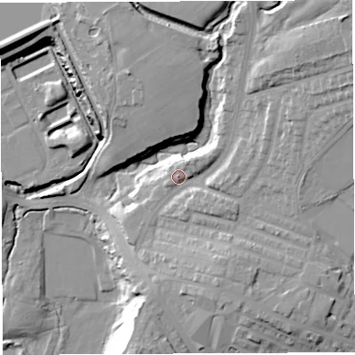Shaded relief map of the ground around BL67LF, computed from Environment Agency LiDAR. The ground here sits at about 130 m above sea level and falls 40 m across the surrounding 800 m. Surface water reaching this point runs off ground lying to the north-east, 19.6 m higher.