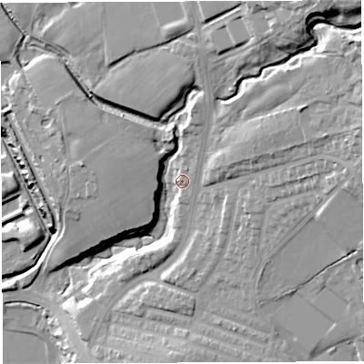 Shaded relief map of the ground around BL67LQ, computed from Environment Agency LiDAR. The ground here sits at about 132 m above sea level and falls 56 m across the surrounding 800 m. Surface water reaching this point runs off ground lying to the north-north-east, 5.3 m higher.