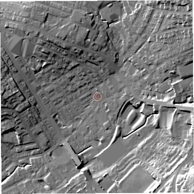 Shaded relief map of the ground around BL67NP, computed from Environment Agency LiDAR. The ground here sits at about 123 m above sea level and falls 39 m across the surrounding 800 m. Surface water reaching this point runs off ground lying to the north-east, 29.5 m higher.