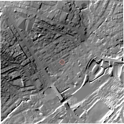 Shaded relief map of the ground around BL67NS, computed from Environment Agency LiDAR. The ground here sits at about 122 m above sea level and falls 32 m across the surrounding 800 m. Surface water reaching this point runs off ground lying to the north-east, 22.4 m higher.