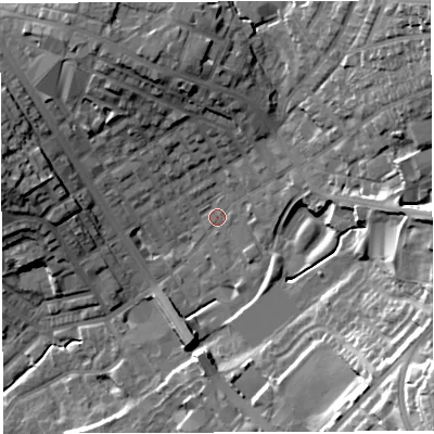 Shaded relief map of the ground around BL67NT, computed from Environment Agency LiDAR. The ground here sits at about 122 m above sea level and falls 35 m across the surrounding 800 m. Surface water reaching this point runs off ground lying to the east-north-east, 6.4 m higher.