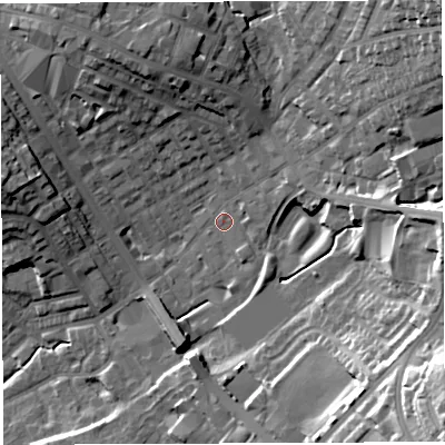 Shaded relief map of the ground around BL67NX, computed from Environment Agency LiDAR. The ground here sits at about 123 m above sea level and falls 37 m across the surrounding 800 m. Surface water reaching this point runs off ground lying to the east-north-east, 6.2 m higher.