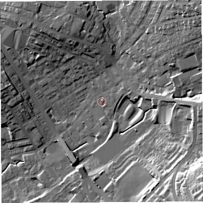 Shaded relief map of the ground around BL67NY, computed from Environment Agency LiDAR. The ground here sits at about 123 m above sea level and falls 39 m across the surrounding 800 m. Surface water reaching this point runs off ground lying to the east-north-east, 5.2 m higher.