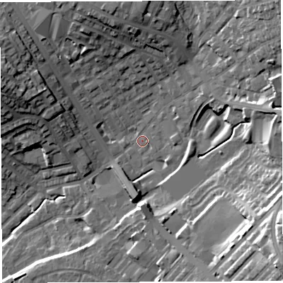 Shaded relief map of the ground around BL67NZ, computed from Environment Agency LiDAR. The ground here sits at about 121 m above sea level and falls 32 m across the surrounding 800 m. Surface water reaching this point runs off ground lying to the east-south-east, 17.5 m higher.