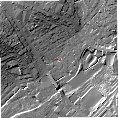 Shaded relief map of the ground around BL67PA, computed from Environment Agency LiDAR. The ground here sits at about 121 m above sea level and falls 32 m across the surrounding 800 m. Surface water reaching this point runs off ground lying to the north-east, 21.7 m higher.