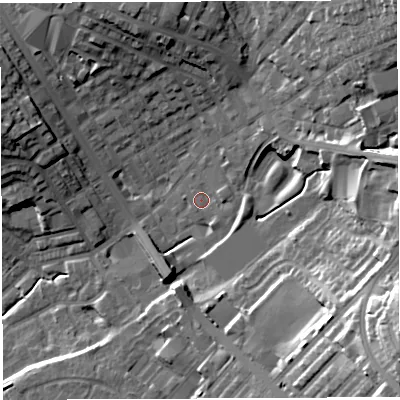 Shaded relief map of the ground around BL67PB, computed from Environment Agency LiDAR. The ground here sits at about 122 m above sea level and falls 35 m across the surrounding 800 m. Surface water reaching this point runs off ground lying to the east-south-east, 22.3 m higher.
