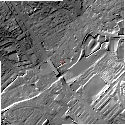 Shaded relief map of the ground around BL67PD, computed from Environment Agency LiDAR. The ground here sits at about 120 m above sea level and falls 33 m across the surrounding 800 m. Surface water reaching this point runs off ground lying to the east-north-east, 6.3 m higher.