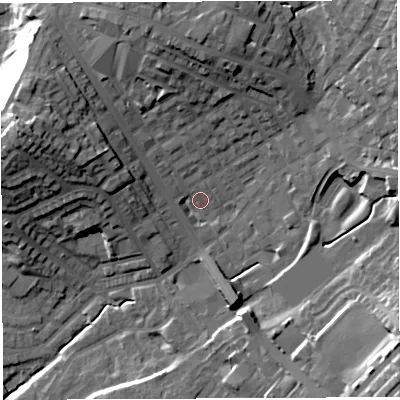 Shaded relief map of the ground around BL67PH, computed from Environment Agency LiDAR. The ground here sits at about 121 m above sea level and falls 29 m across the surrounding 800 m. Surface water reaching this point runs off ground lying to the north-north-west, 15.2 m higher.